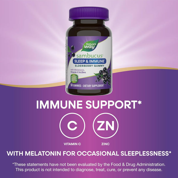 NatureâS Way Sambucus Sleep + Immune* Elderberry Gummies, Sleep and Immune Support*, with Melatonin, Vitamin C, L-Theanine, Zinc, 50 Gummies
