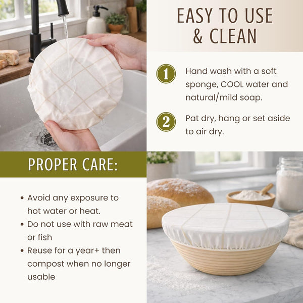 Nectar & Nest Reusable Bowl Covers for Bread Proofing (2 Lg) - Beeswax Bowl Covers Reusable, 100% Organic Cotton, Elastic Cover for Sourdough,