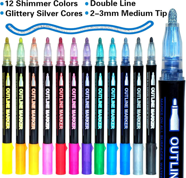 Glitter Markers Outline Glitter Pens: 12 Shimmer Metallic Tween Teen Girl Gifts Trendy Stuff 4-16 Year Old,Arts Crafts K