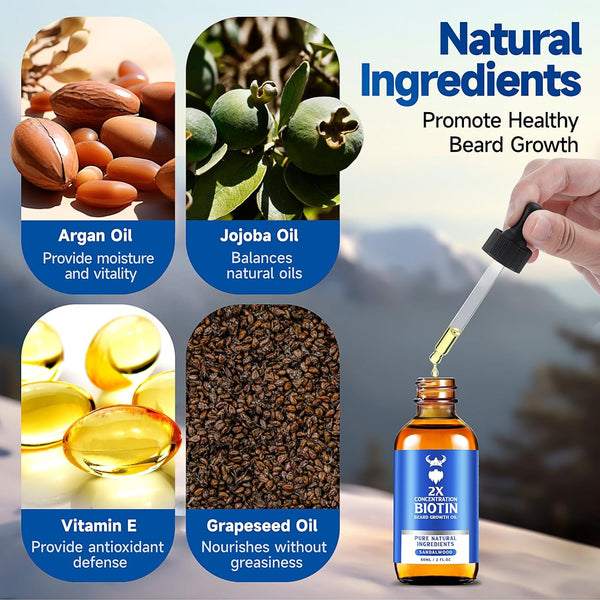Beard Growth Oil - 2X Concentration Biotin Beard Oil for Men (2 Oz) - Natural Mens Beard Oil with Argan Oil, Jojoba Oil and Vitamin, Beard Growth