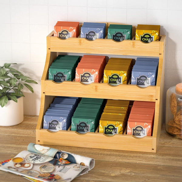 Bamboo Tea Bag Organizer, 3 Tier Vertical Tea Organizer, Tea Holder for Kitchen Island, Coffee Shop or Office, Tea Storage with 12 Adjustable