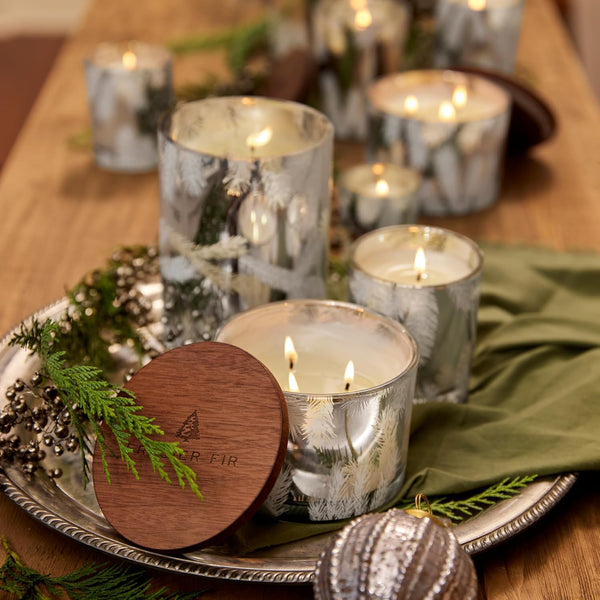 Thymes Frasier Fir Candles - Statement Collection - Silver with Pine Needle Design - Scented Candles for Home Decor - Notes of Siberian Fir