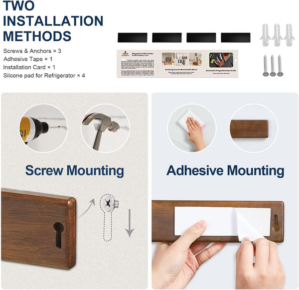 ENOKING Magnetic Knife Holder for Wall, 10 Inch Powerful Magnetic Knife Holder for Refrigerator, Knife Magnetic Strip No Drilling Acacia Wood Wall