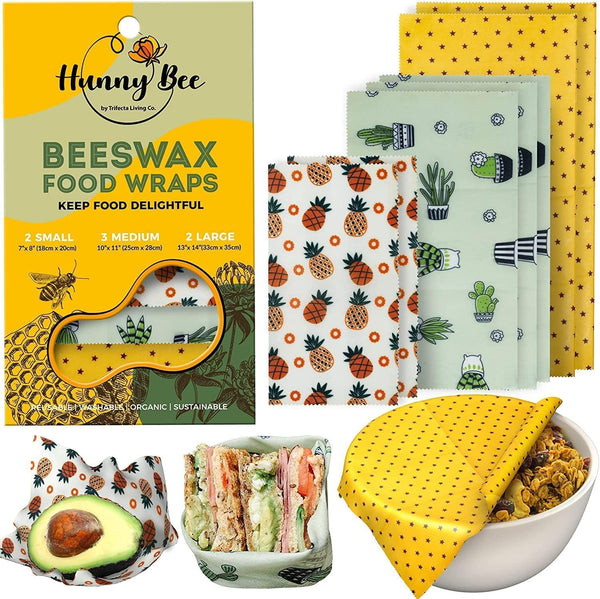 Trifecta Living Co. Versatile Beeswax Wraps,Set of 7-Fresh Food Keeper, Durable & Easily Cleaned, Sustainable Step towards a Zero-Waste Kitchen,