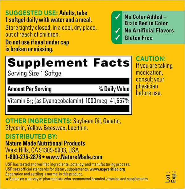 Nature Made Vitamin B12 1000 mcg, Dietary Supplement for Energy Metabolism Support, B12 Vitamins 1000 mcg, 150 Softgels, 150 Day Supply 150 Count