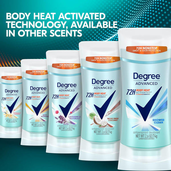Degree Advanced Protection Antiperspirant Deodorant Shower Clean for 72-Hour Sweat & Odor Control for Women, with Body Heat Activated Technology,