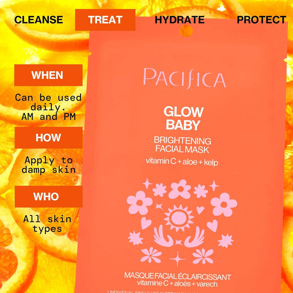Pacifica Sheet Face Mask - Glow Baby Brightening Facial Mask W/Vitamin C, Aloe & Kelp â Cooling Mask for Dark Spots & Fine Lines - Clean Beauty
