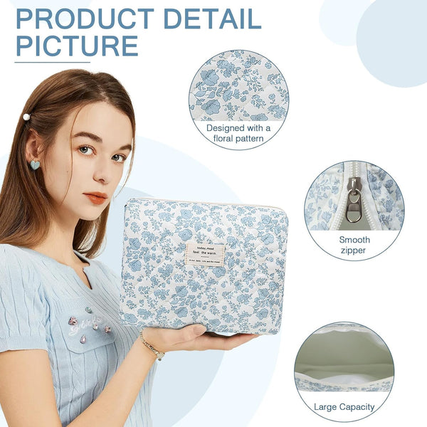 Floral Makeup Bag, Large Cosmetic Bag for Women Girls, Cute Cotton Make up Pouch, Quilted Makeup Bags, Flower Travel Toiletry Organizer Bag(Blue