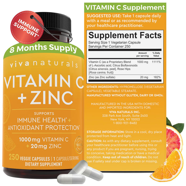 Viva Naturals Vitamin C and Zinc Supplement (250 Capsules) - 1000 Mg Vitamin C with Zinc 20 Mg Antioxidant Supplements for Immune Support, Vitamin