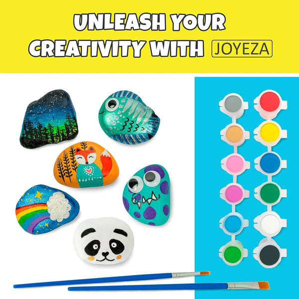 JOYEZA Rock Painting Kit Deluxe, Arts and Crafts for Girls Boys Age 6+, 12 Rocks Tween Gift Art Set, Waterproof Paints, Craft Kits Art Supplies,