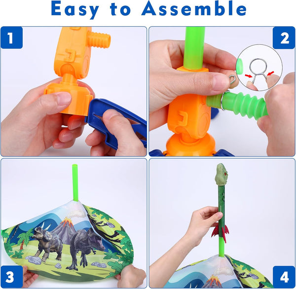 Dinosaur Toy Rocket Launcher for Kids - Launch Up to 100 Ft, 4 Rockets, Outdoor Outside Toys for Kids, Dinosaur Toys, Birthday Gifts for 3 4 5 6 7