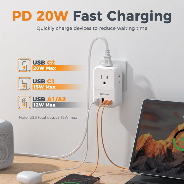 USB Wall Charger, TESSAN Wall Plug Adapter Outlet Extender, 3 Charger Block (1 USB C Port), Multi Charging Station for Cruise, Bathroom, Office,