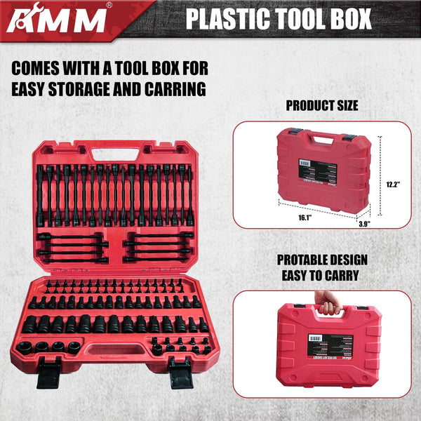 AMM 107PCS Allen and Torx Bit Socket Set, 1/4", 3/8" and 1/2" Drive,Extra Long Torx/Tamper Proof Torx/Hex/Ball End Hex,Sae/Metric Socket Set, S2