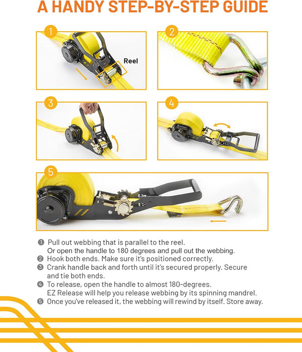 Strapinno Retractable Ratchet Tie-Down Strap - 2 in X 27 Ft Heavy-Duty Strap with Double J Hooks, Tangle-Free Webbing, 10,000 Lbs Breaking