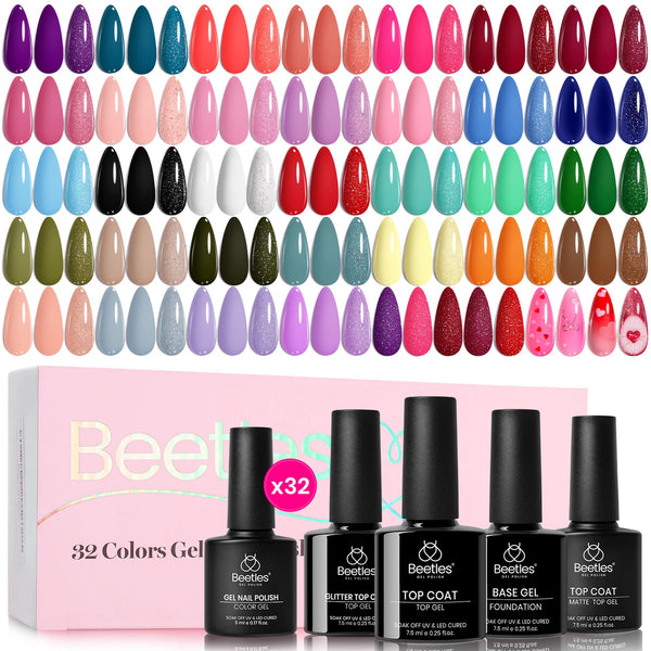 Beetles Gel Polish Set Summer Gel Nail Polish Kit Spring Pastel 36 Pcs 32 Colors with Base Top Coat Hot Pink Green Black White Burgundy Red Blue