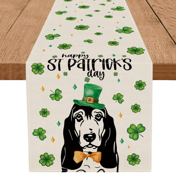 GPGHE St Patricks Day Table Runner Basset Hound Dog Shamrock Table Runners Seasonal Holiday Party Kitchen Dining Table Decorations Indoor Outdoor