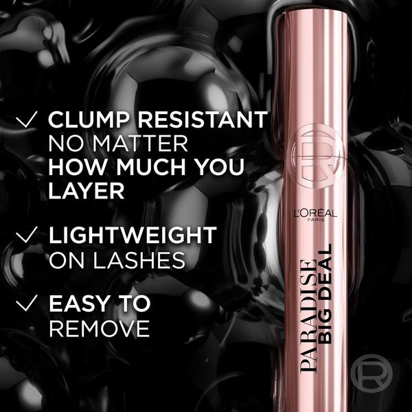 L'Oreal Paris Paradise Big Deal Mascara, Volumizing and Lengthening Formula, Buildable, Clump Resistant, Washable Black Mascara, 0.33 Fl Oz