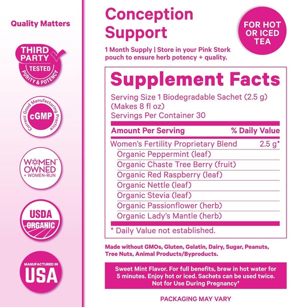 Pink Stork Organic Fertility Tea - Supports Conception for Her & Hormone Balance with Chaste Tree Berry (Vitex), Mint, and Red Raspberry Leaf -