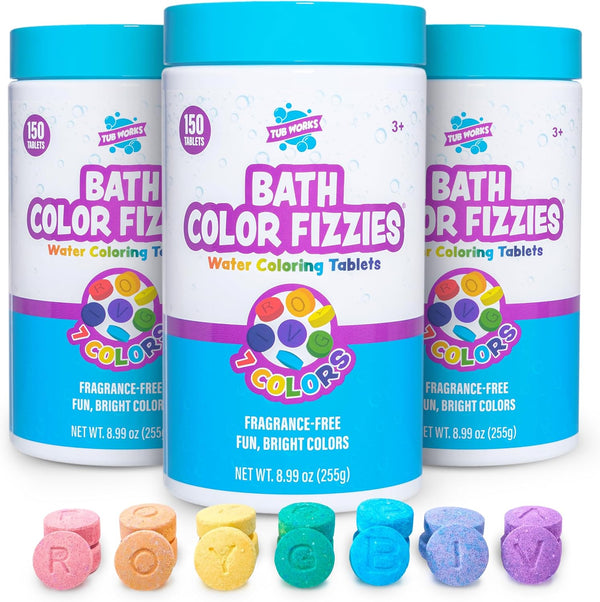 Tub Works® Bath Color Fizzies®, 150 Count, 3 Pack | Nontoxic & Fragrance-Free | Color Bath Drops Create Fun Bath Colors | Bath Color Tablets in 7