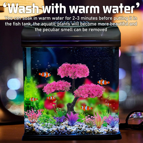 Ameliade Aquarium Artificial Plastic Plants Decoration, Pink Cherry Blossom Tree Aquarium Decor Set, Goldfish Betta Fish Tank Decorations Hides