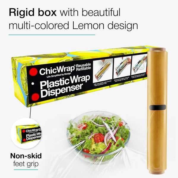 Chicwrap Lemon Refillable Plastic Wrap Dispenser - Includes 12" X 250' Roll Professional Grade Disposable Plastic Wrap - Reusable Dispenser