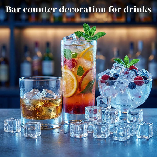 Domestar Fake Ice Cubes, 20 PCS 0.8" Plastic Ice Cubes Acrylic Square Clear Rock Diamond Crystals Display for Photography Accessories Props
