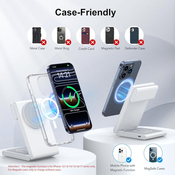Wireless Charging Station with 20W USB C Adapter, 3 in 1 Magnetic Foldable Travel Charger Stand for Iphone 16 15 14 13 12 Series, Compatible with