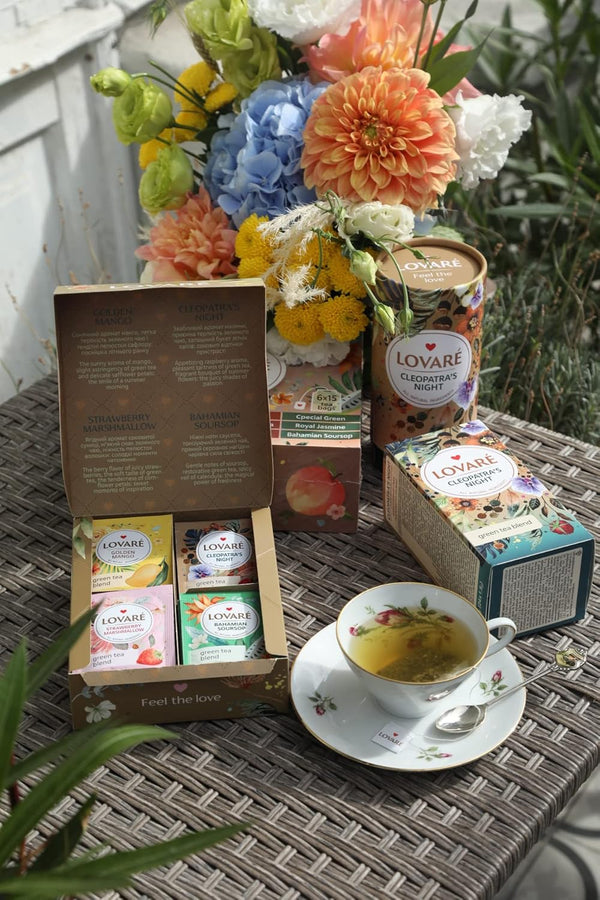 LOVARE Green Assorted Tea Variety Pack 32 Pack - Made in Ukraine - Tea Bags Individually Wrapped 4 Tastes - Golden Mango, CleopatraâS Night,