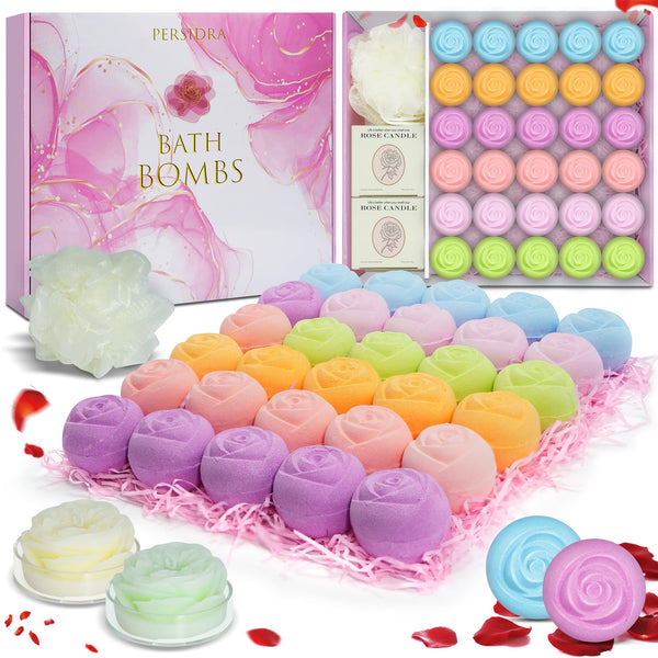 Bath Bombs for Women - 30 Pcs Handmade Natural Essential Oils Rose Bath Bombs, Home Spa Fizzies Bubble Bath, Birthday Gifts for Women Her Self