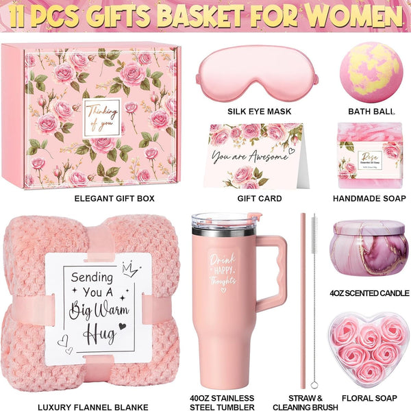 Birthday Gifts for Women Self Care Gifts Get Well Soon Gifts, Rose Relaxing Spa Gifts Basket Care Package W/ Luxury Flannel Blanket 40 Oz Tumbler,