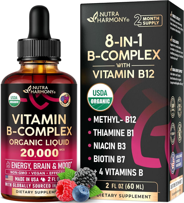 USDA Organic Vitamin B-Complex B5 Pantothenic Acid | B12 Methylcobalamin | B1 Thiamine | B6 Pyridoxine | B7 Biotin | B9 Folic | B3 Niacinamide - B