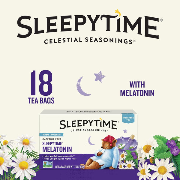 Celestial Seasonings Sleepytime Wellness Tea plus Melatonin, Caffeine Free, 18 Tea Bags Box
