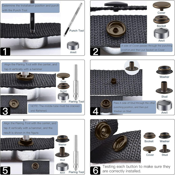 72 Pieces 15MM Snap Fastener Kit Tool Snap Button kit Snaps for Leather Leather Snaps and Fasteners kit for Leather Marine Grade Stainless Steel