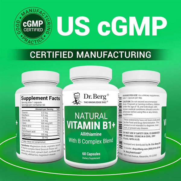 Dr. Berg Natural Vitamin B1 B6 B12 Complex - Allithiamine Vitamin B1 Supplement with 8 Essential Vitamin B Complex for Men & Women Including