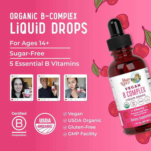 Maryruth Organics Vitamin B Complex | B Vitamins Complex | Biotin | Vitamin B12 | Niacin | Folate | Metabolic Support Supplement | Vegan | USDA