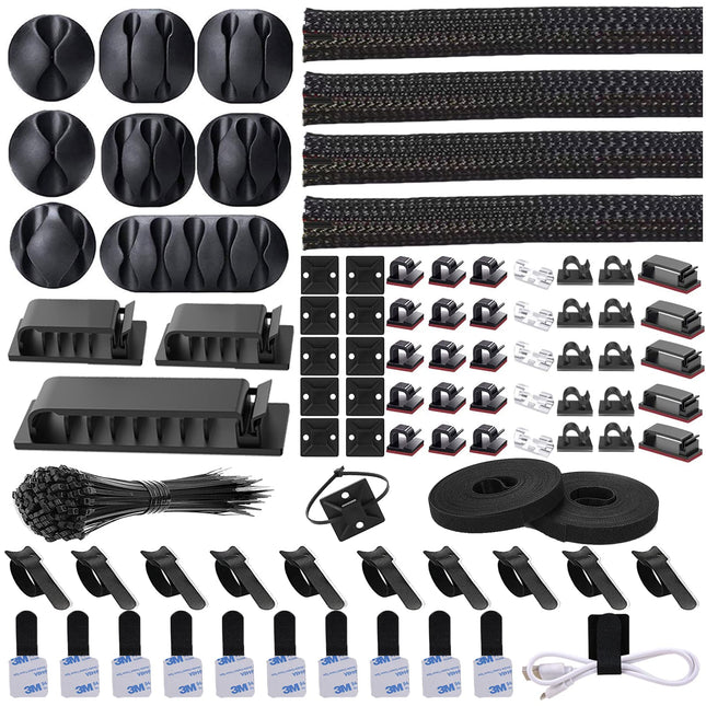 N NOROCME 192 PCS Cable Management Kit 4 Wire Organizer Sleeve,11 Cable Holder,35Cord Clips 10+2 Roll Cable Organizer St