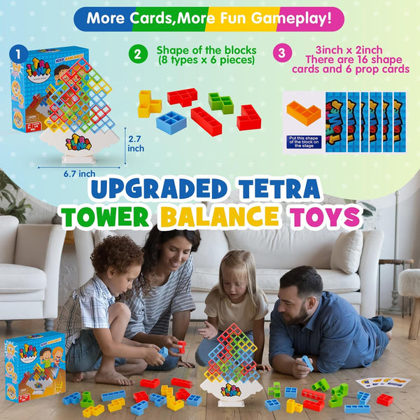 WOWNOVA 48PCS Tetra Tower, Fun Balance Stacking Building Blocks Board Game for Kids, Adults, Friends, Team, Classroom, Dorm, Family Game Night and