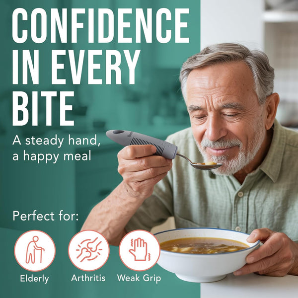 BUNMO Utensils for Elderly, Arthritis, Weak Hand Grip, Tremors & Handicapped - Convenient Travel Pouch - 2.6Oz Lightweight - Stainless Steel - Eat