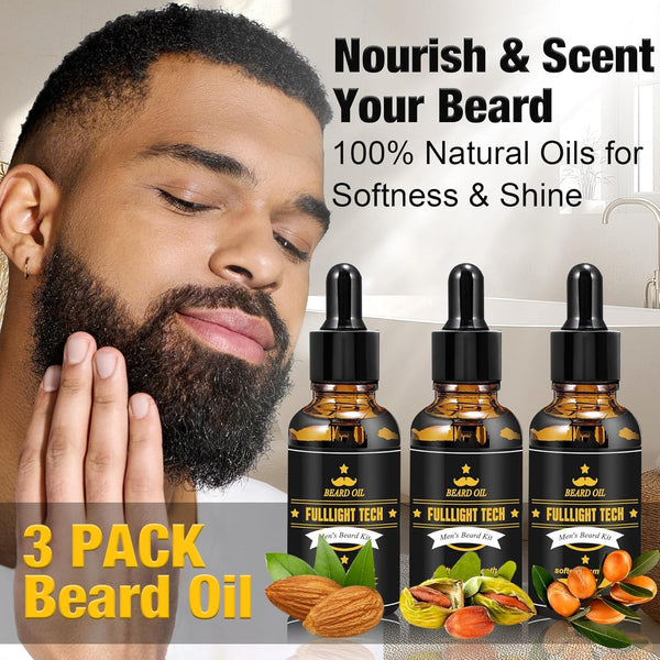 Beard Kit for Men Grooming & Care W/3 Pack Beard Oil, Wash, Balm, Comb, Brush, Scissors,Anniversary Valentines Birthday Fathers Gifts Idea for