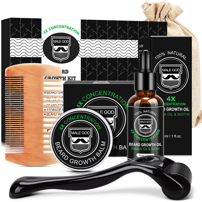 MALE GOD Beard Growth Kit, Beard Kit W/Beard Growth Oil, Balm, Comb, Massager for Spot/Patchy Beard, Gifts for Men Him Boyfriend Husband