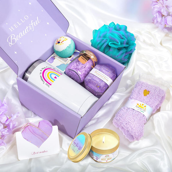 Get Well Soon Gifts for Women, Care Package for Women,Feel Better Gifts for Women 8Pcs Lavender Birthday Gift Baskets for Her Mom, Sister, Female