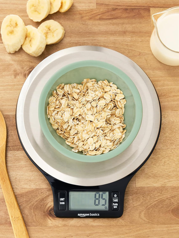 Amazon Basics Digital Kitchen Scale with LCD Display, Batteries Included, Weighs up to 11 Pounds, Black and Stainless Steel