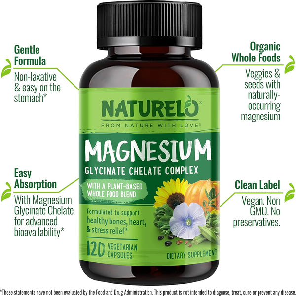 NATURELO Magnesium Glycinate Chelate Complex - 200 Mg Magnesium with Organic Vegetables to Support Sleep, Calm, Muscle Cramp & Stress Relief -