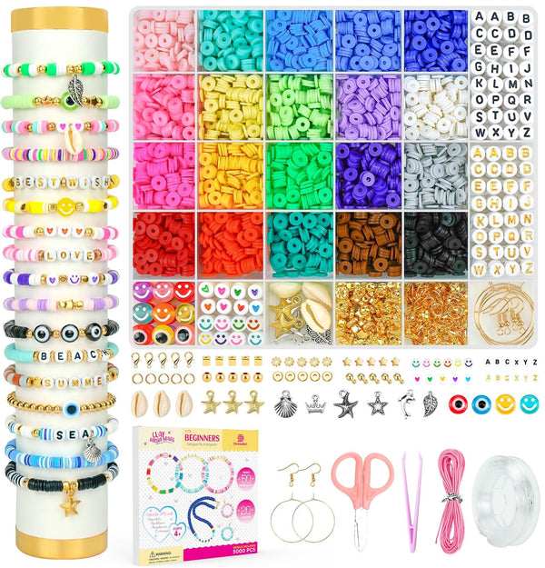 Dowsabel Clay Beads Bracelet Making Kit for Beginner, 5000 Pcs Preppy Polymer Clay Beads with Charms Kit for Jewelry Making, DIY Arts and Crafts