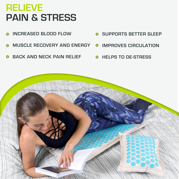 ProsourceFit Ki Acupressure Mat and Pillow Set with 100% Natural Linen for Back/Neck Pain Relief and Muscle Relaxation Natural Aqua