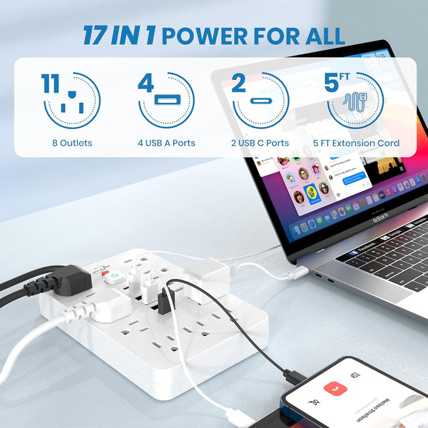 JouleLoom Power Strip Surge Protector with 11 Outlets, 4 USB and 2 USB C Ports, 5 Ft Extension Cord, Flat Plug, Wall Mount, Overload Protection