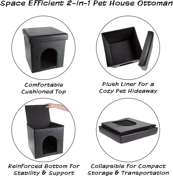 Cat House â Collapsible Multipurpose Small Dog or Cat Ottoman with Footrest, Cushioned Top, and Interior Pillow by PETMAKER (Black)