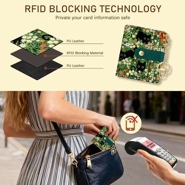 Black Cat Floral Rfid Women Wallet, Small Slim Thin Credit Card Wallet, PU Leather Bifold Cash Zipper Coin Pocket ID Window for Female Ladies Teen
