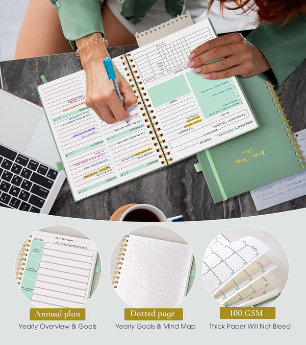 Undated Weekly and Monthly Planner, B5 Large Weekly to Do List Notebook with Goal & Habit Tracker Organizer, Hardcover Spiral Bound Blank Monthly