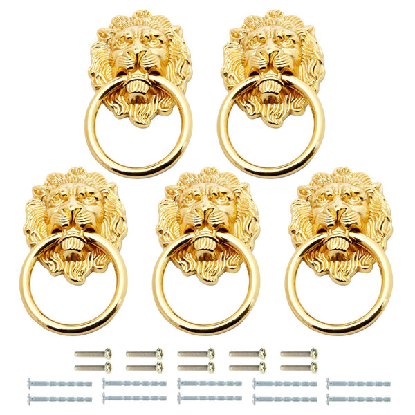 Mgoodoo 5Pcs Drawer Lion Head Pull Handle Knob Dresser Cabinet Pull Ring 1.97X3.54Inch Classical Antique Style Zinc Alloy Handle (Large|Gold)